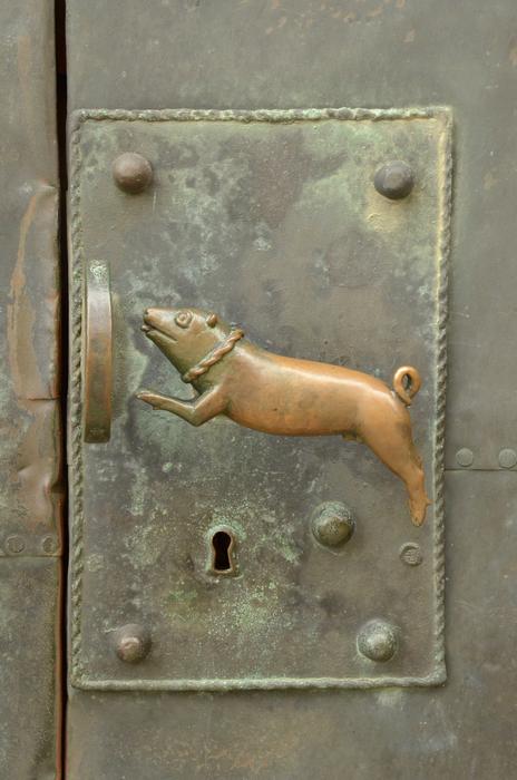 A dog on an iron lock