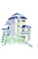 watercolor white blue house drawing