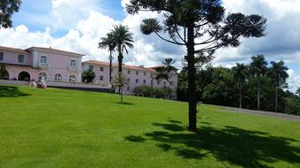 green garden with trees at the building