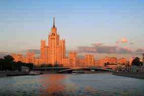 Stalinist architecture, Buildings on Kotelnicheskaya Embankment at evening, russia, Moscow