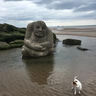 dog on the beach near a huge stone statue