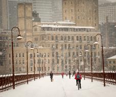 landscape of snowy Minneapolis Bridge