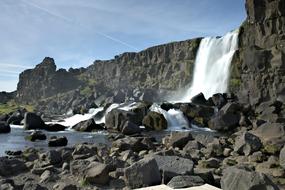 a large waterfall with a lake by the rocks