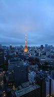 evening panorama of building roofs and the luminous Tokyo Tower in Japan