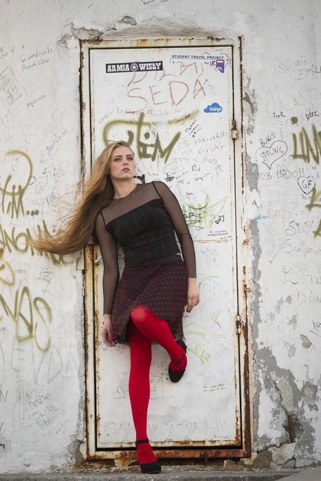 Model Young woman in red socks