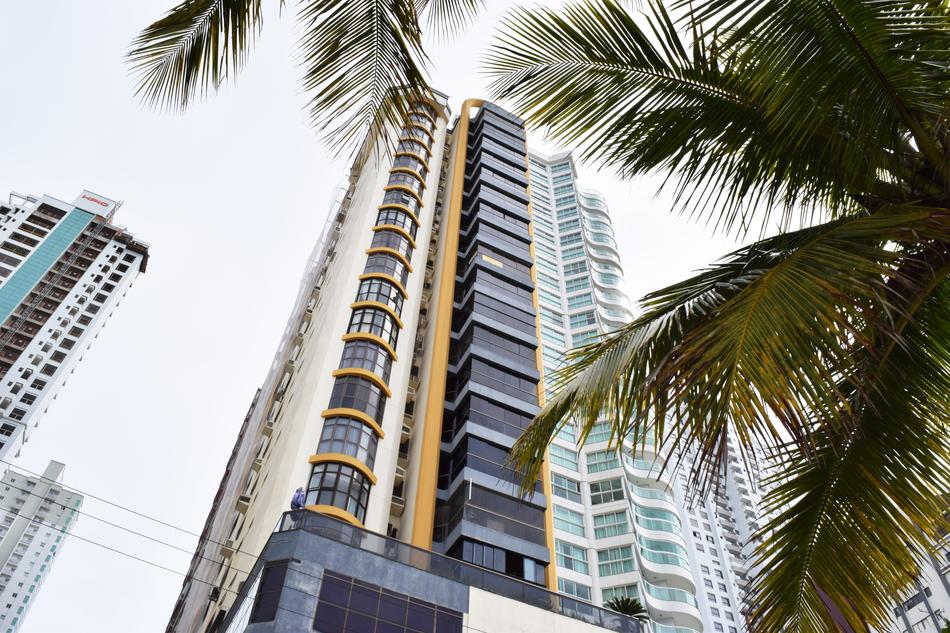 palm leaves on the background of a multistory hotel