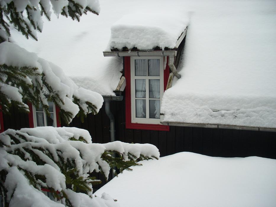 snow covered roof of the house