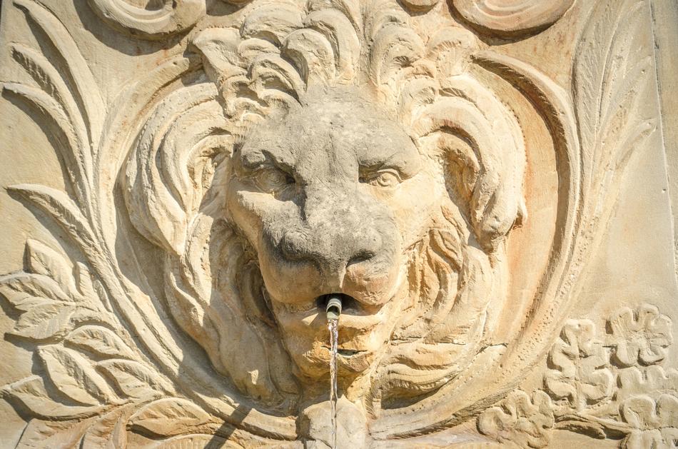 Lion Head, sculpture, aged fountain