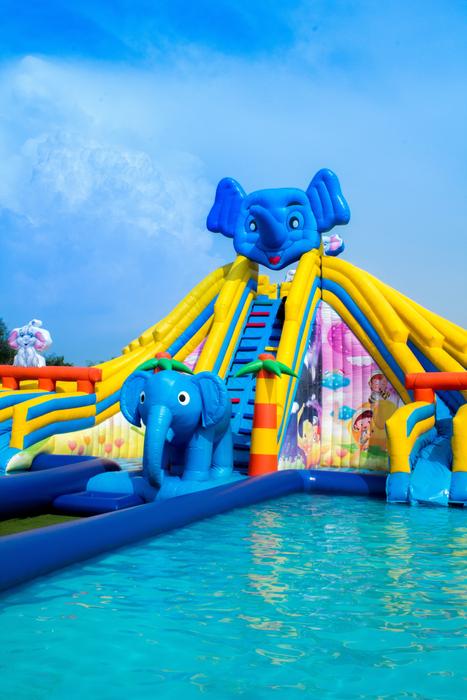 water park with colorful slides