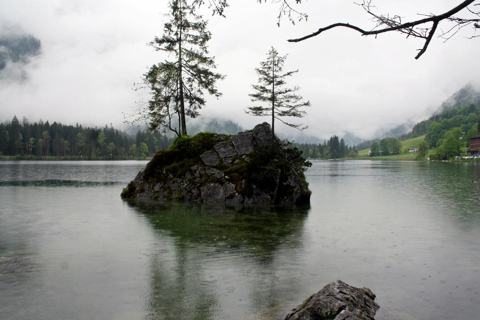 a large stone with trees in the river