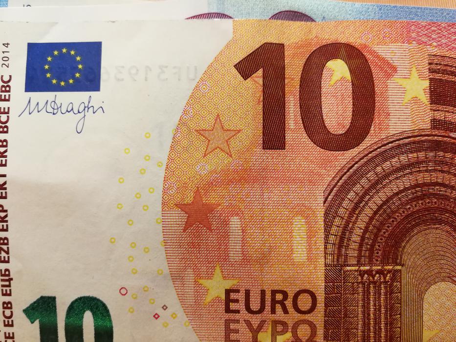 Close-up of the colorful '10'Euro banknote with images and signs