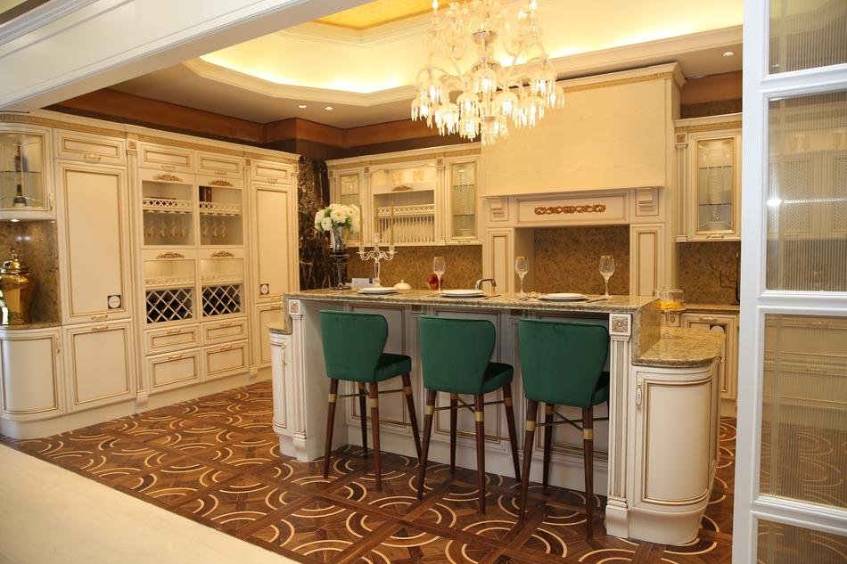 bar counter with green chairs