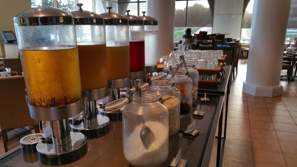 buffet with drinks and food