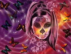 Beautiful and colorful butterflies and Calavera, at background with the waves, clipart