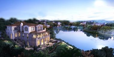 landscape of Houses on Small lake coast