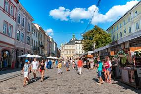 tourists in the historic center of Lviv