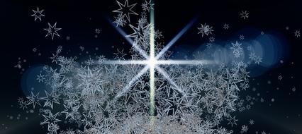 Beautiful, shiny Christmas star with the light, and snowflakes, clipart