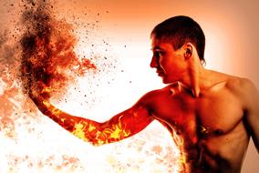 young man with torso at flame, collage