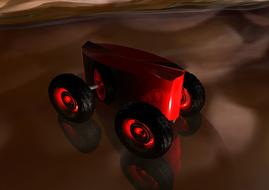 Red and black vehicle with the wheels, with reflections, clipart