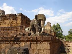 Elephant statue on a ruined building in Angkor, Cambodia