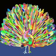 Beautiful painting of the colorful peacock with the open feathers, clipart