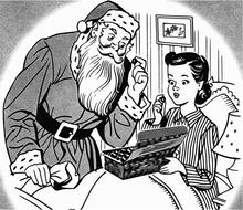 santa claus and child girl eating candies, vintage drawing