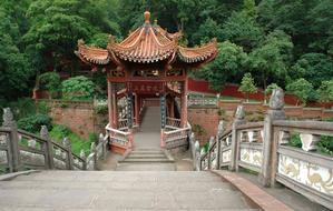 stairway and traditional pavilion on Leshan Bridge, China