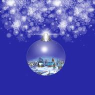 Beautiful, shiny Christmas ball decoration, with the snowy landscape, under the snowflakes, at blue background, clipart