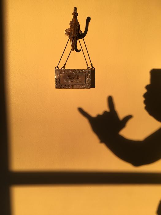 the silhouette of a man on the wall with a bird