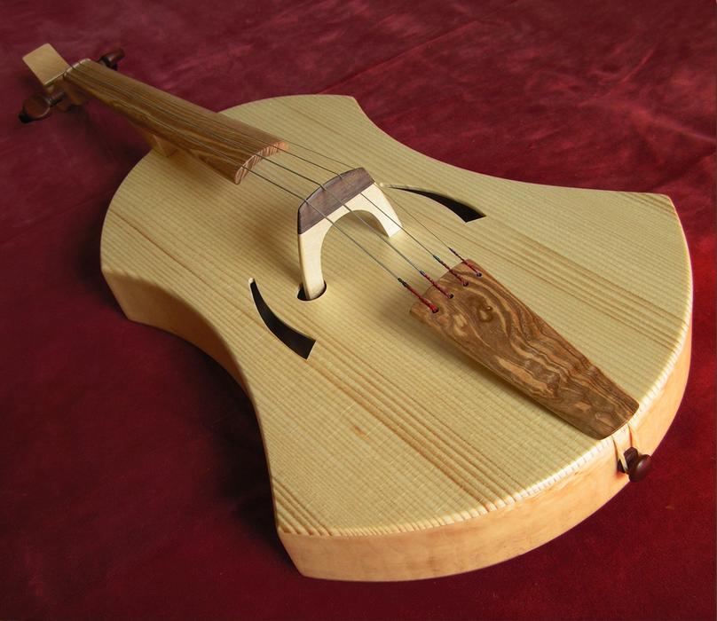 a beautiful violin on a red table