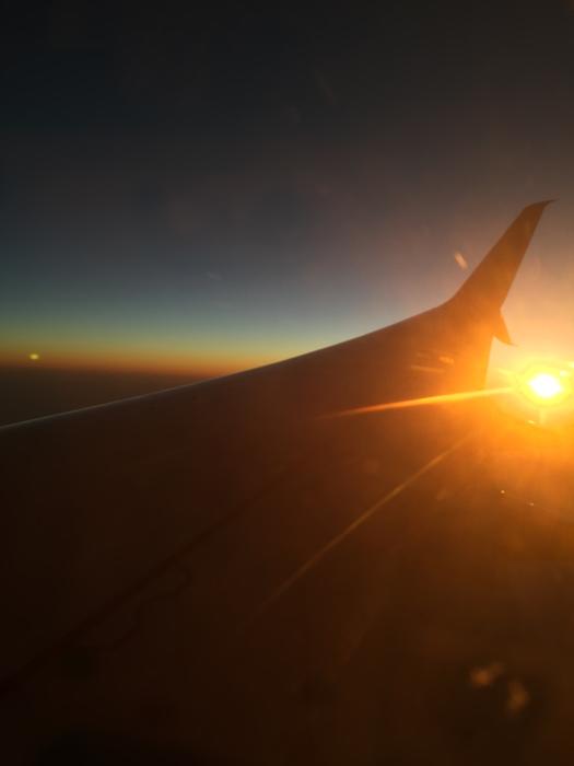an airplane wing in the sunset