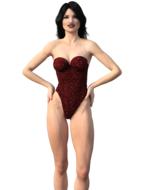 painted woman in a burgundy shiny swimsuit