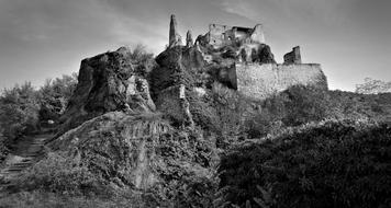 monochrome photo of castle ruins in Austria