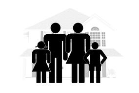 family with two kids in front of house, icon