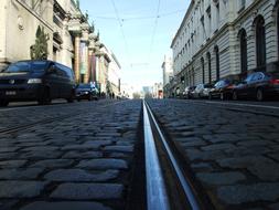 rails on the city pavement close up