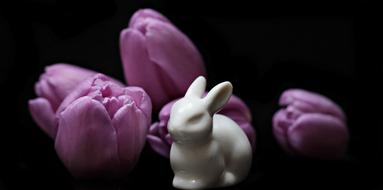 purple Tulips and Easter bunny ceramic figurine