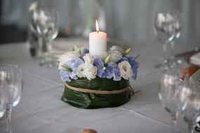 a candle on the table by the glasses