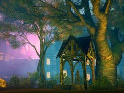 Beautiful buildings and construction, among the trees, in colorful light, clipart