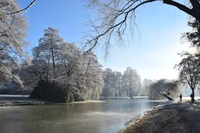 snow trees river