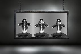 monochrome picture depicting men I canât hear anything, I canât see anything, I wonât say anything