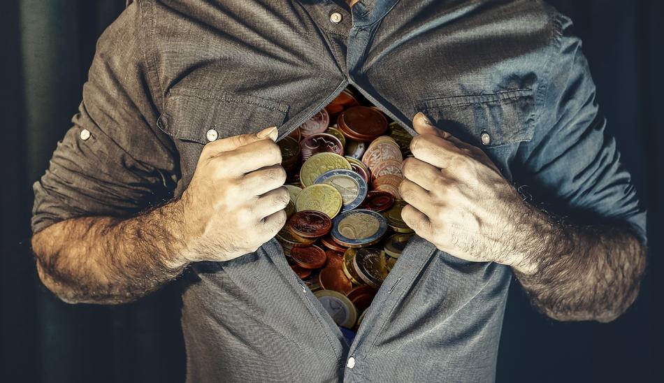 coins under a man's shirt