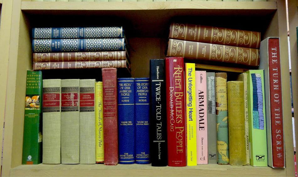large colored bookshelf