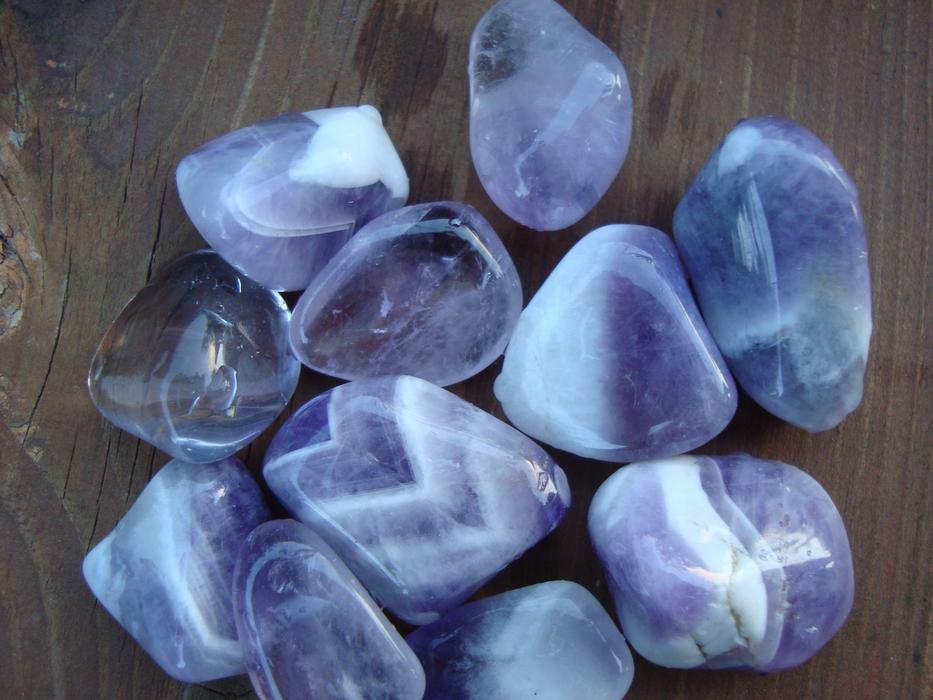 blue rocks on a wooden table