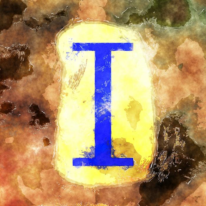 letter i in blue on a colored background