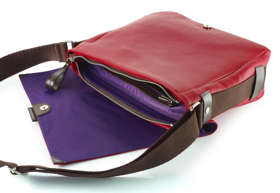 red bag with a purple bottom