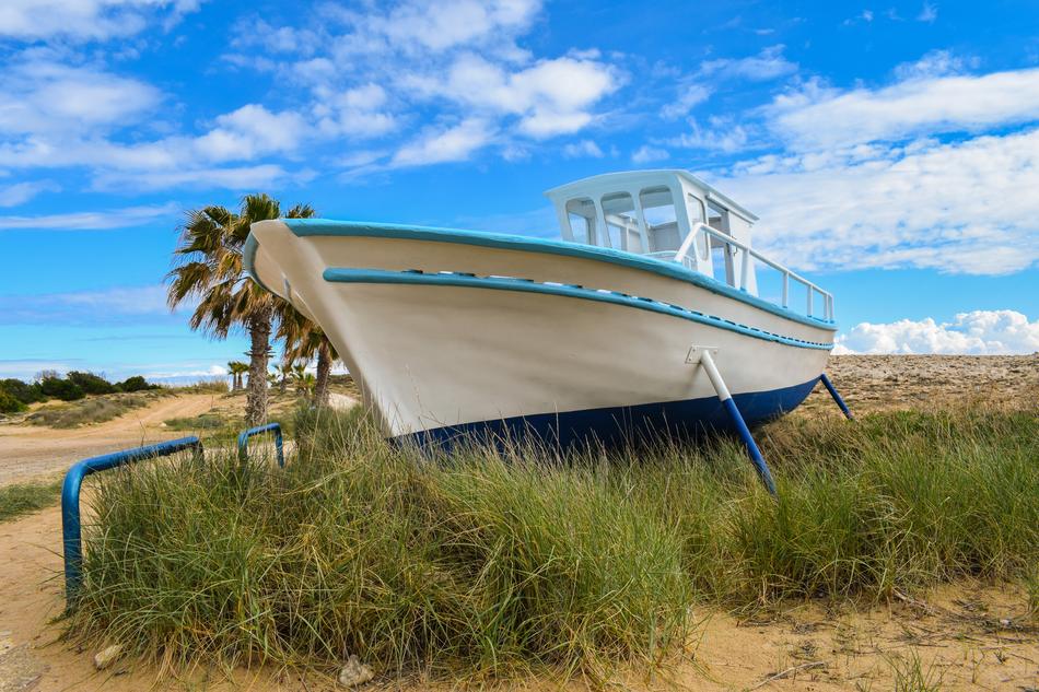 A ship in green grass with blue railings