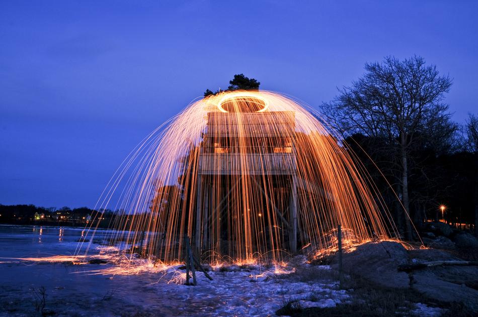 The fountain light is beautiful.