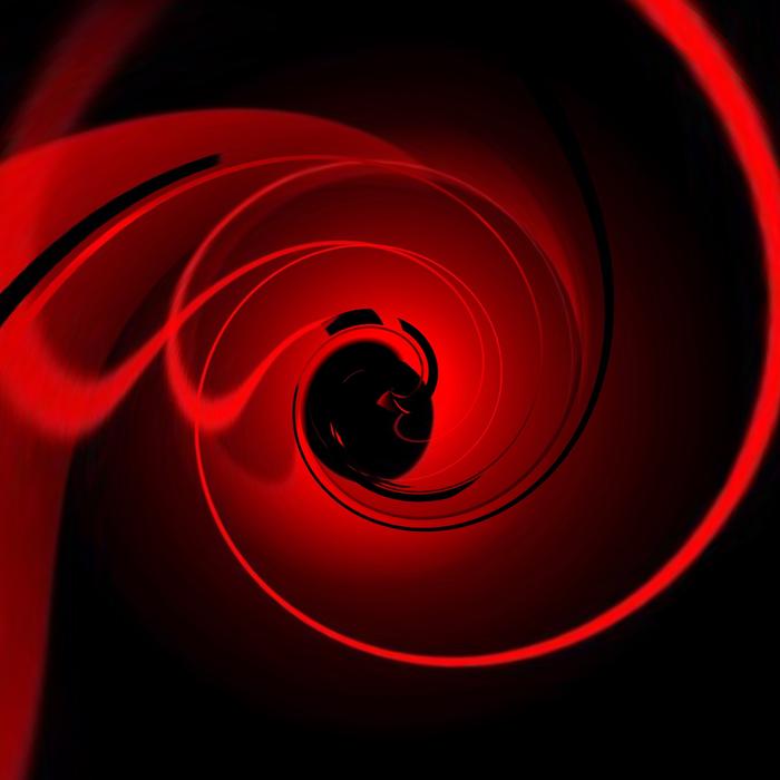 The red background is swirled