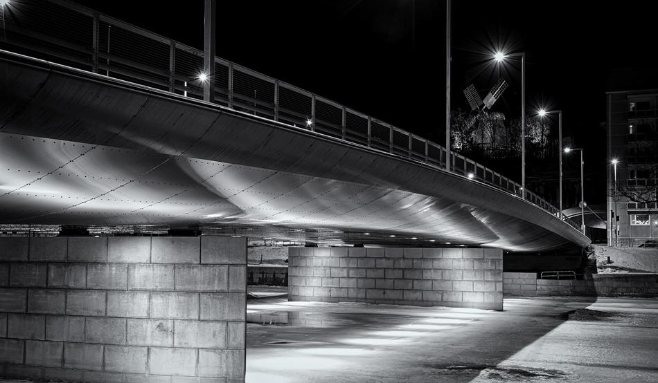 monochrome photo of a modern overpass in the city