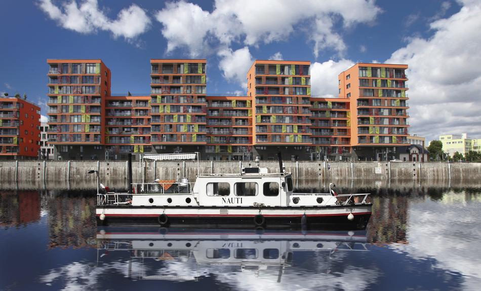 brick buildings with a boat